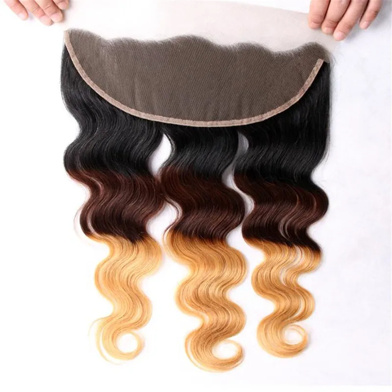 Body Wave 1b 4 27 Honey Blonde Human Hair Bundles With Lace Frontal Closure Dark Roots Hair Wefts With Lace Frontal 13*4