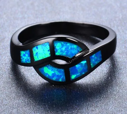 Anillo de ópalo de fuego azul para hombre y mujer, anillos de compromiso de boda Vintage para hombres y mujeres, joyería de moda con relleno de oro negro