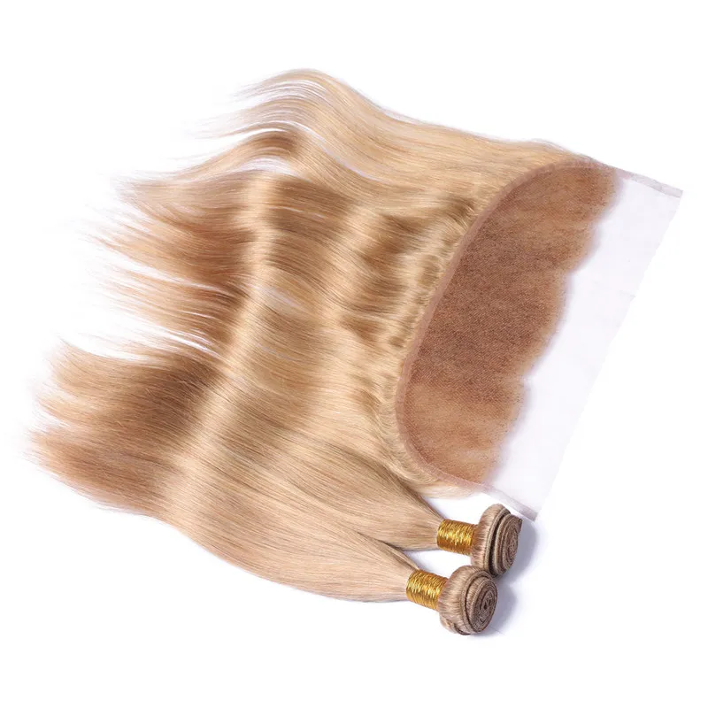 Peruwiański # 27 Honey Blonde Human Hair Weaves z frontal Light Brown Silky Proste 13x4 Full Lace Frontal z 3 rozszerzeniami wiązek