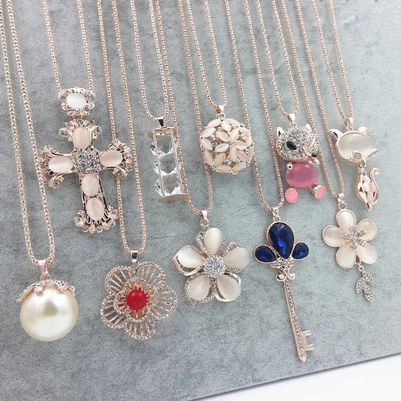 Hot Sweater Chain Stone Colares Pingentes Nova Jóias Rosa Flower Cross Cat Cat Eye Rhinestone Coruja Austríaca Cristal Moda Pingentes Colar