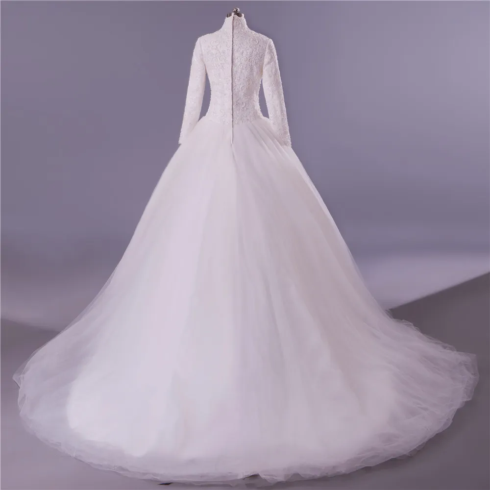 Novo pescoço alto mangas compridas vestidos de casamento muçulmanos fotos de bola vestido de bola princesa luxo pérolas laço tulle dubai vestido de noiva feito sob encomenda