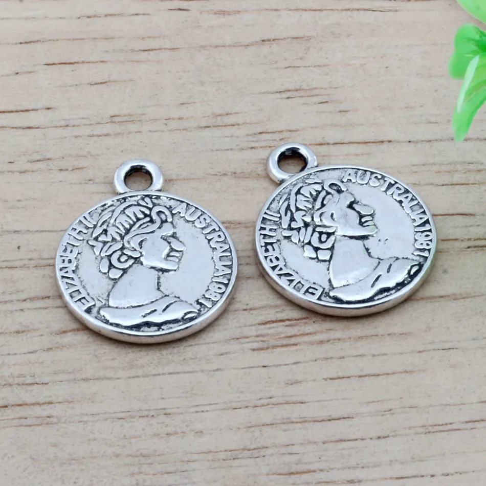 100 Stück Antik Silber Legierung Australische Elizabeth Münze Charms Anhänger DIY Schmuck 16x19.5mm