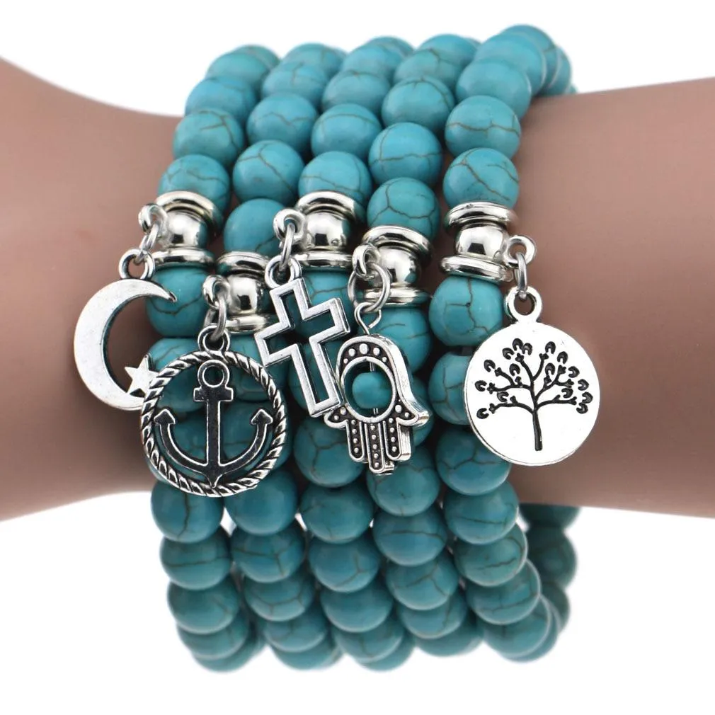 12 Stile Boho Türkis Stränge Armbänder Grüner Naturstein Corss Blatt Stern Mond Ankerbaum Handgemachtes Charms Armband Für Frauen Männer Schmuck