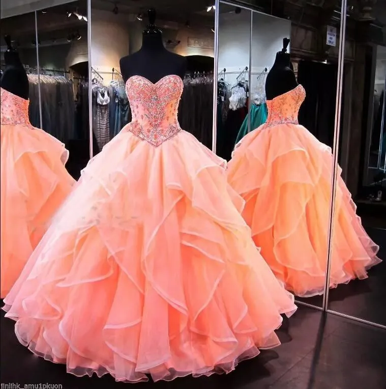 2020 Glamorous Coral Ballkleid Quinceanera Kleider Sweetheart Sweet 16 Prinzessin geraffte Organza bodenlangen Korsett zurück Pageant Kleider