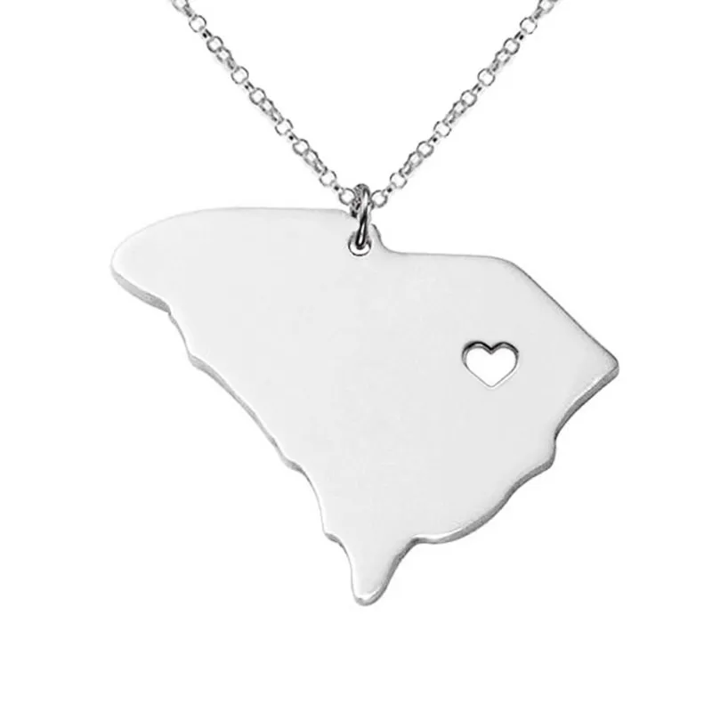 Collier avec pendentif en acier inoxydable avec carte de Caroline du Sud, avec cœur d'amour, état des États-Unis, SC, carte géographique, bijoux pour femmes et hommes