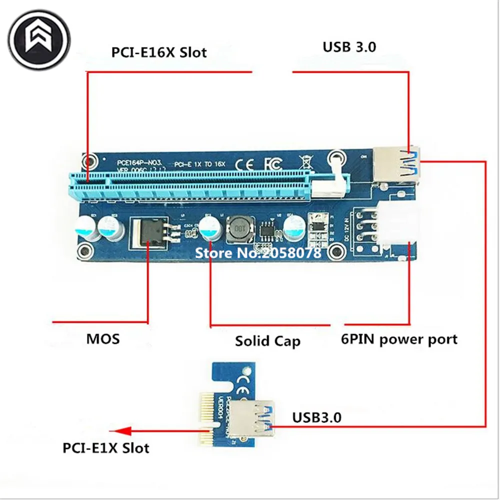 FreeShipping Оптовая USB 3.0 PCI-E Express 1x 4x 8x 16x Удлинитель Riser Adapter Карта SATA 15PIN Мужской до 6PIN Силовой кабель 10 шт. / Лот 006C