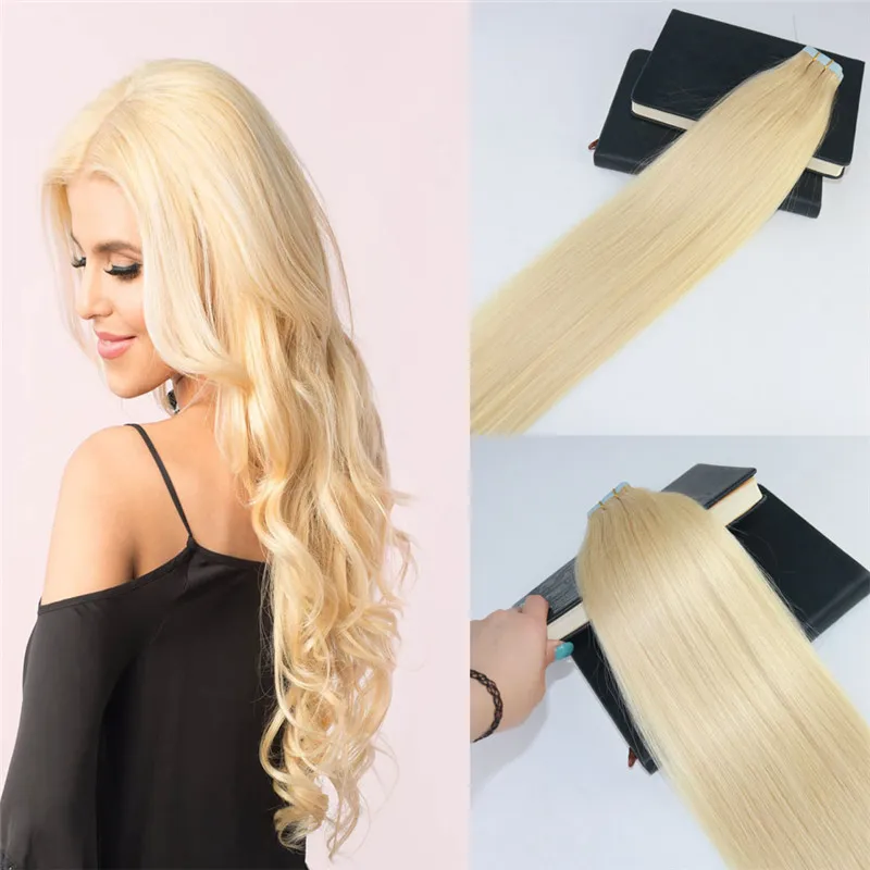 Bande dans les Extensions de cheveux couleur 613 blond décoloré s invisible bande de trame de peau de vrais cheveux humains sur les Extensions de cheveux 100g/40 pièces