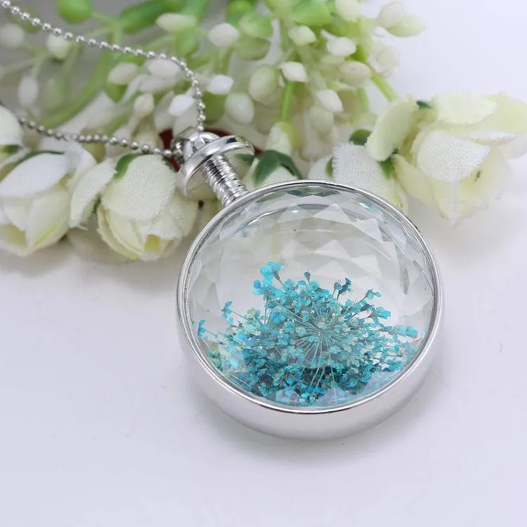 Ne peut pas être ouvert médaillon flottant pendentifs créatif plante spécimen alliage rond fleur séchée cristal pendentif collier blanc K chaîne collier