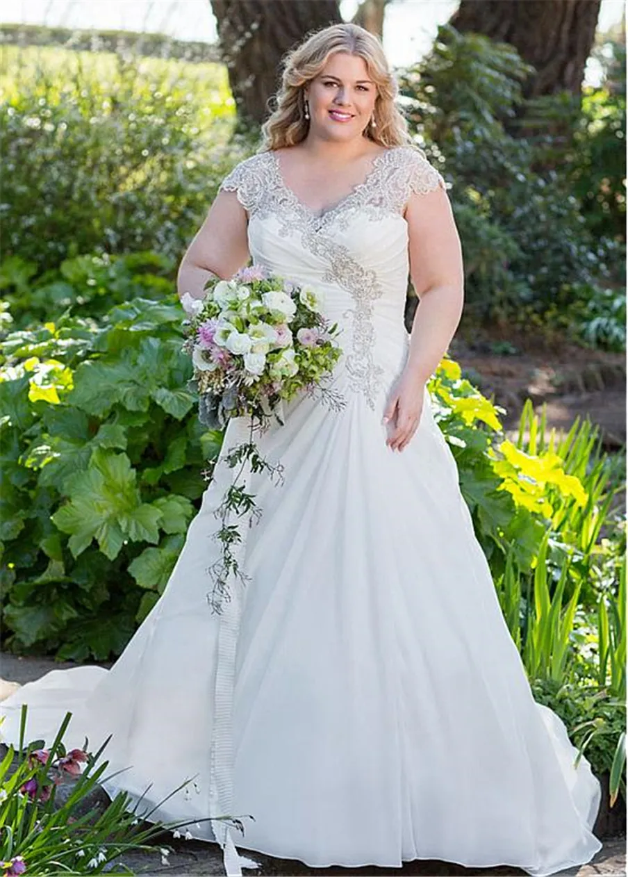 Chiffon V-Neck A-Line Plus Size Wedding Dress with Beaded Embroidery, Ruched  Bodice, and Illusion Back from Dhgate A-Line Wedding Dresses - price 138.2