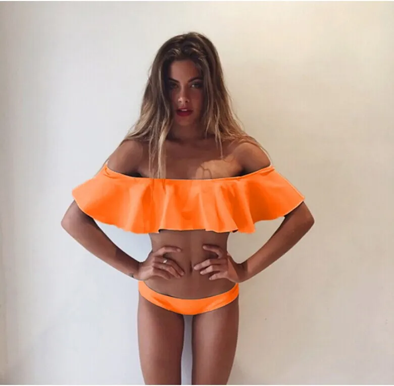 New Fashion Summer Women # 039; s Sexy Solid Summer Ruffle Bikini Set Slash Neck Costumi da bagno Vita bassa Bottom Costume da bagno Costumi da bagno da spiaggia CC K4763