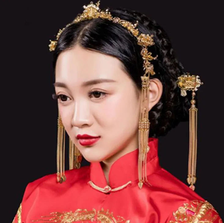 Chinese wedding bride headdress hairpin tassel Hoop Earrings Set Wedding Gown Costume show kimono Longfeng jewelry