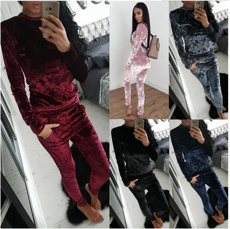 Velvet Tracksuit Two Piece Set Women Sexy Pink Long Sleeve Top And Pants Bodysuit Suit Runway Fashion 2017 Trainingspak plus size 3XL