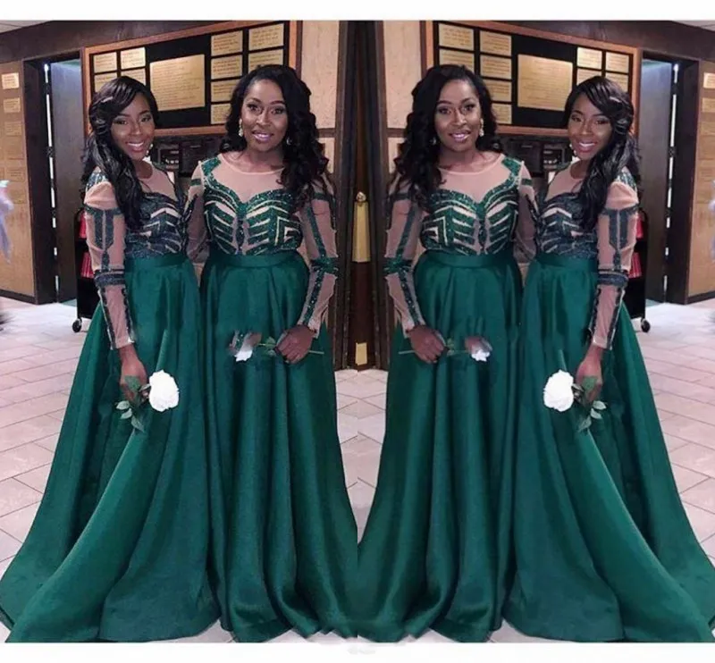 Nigeria Vestidos de dama de honor de color verde oscuro para la boda 2017 Tallas grandes Mangas largas Vestidos de dama de honor Mujeres Vestidos de fiesta formales por encargo