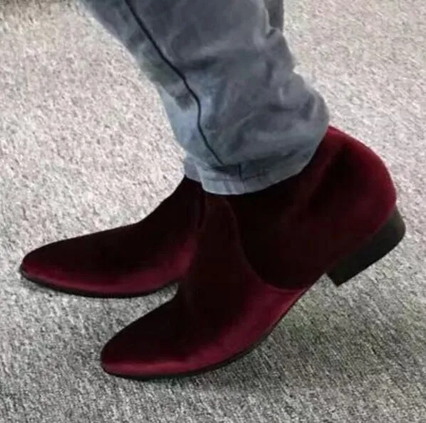 2017 새로운 남성 벨벳 부츠 고품질의 와인 붉은 부츠 남성 포인트 발가락 낮은 뒤꿈치 mujer botas 파티 신발 bota 남성