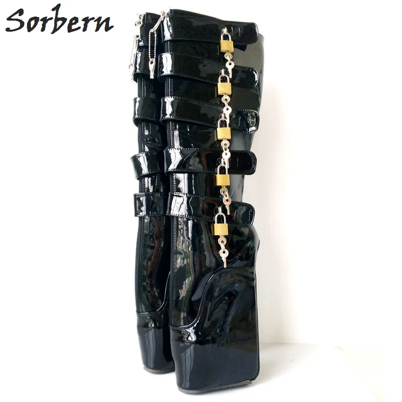 new ballet boots unisex shoes 18cm 7 super high heel wedge hoof heelless fashion sexy fetish slave 10keys lockable knee high boots