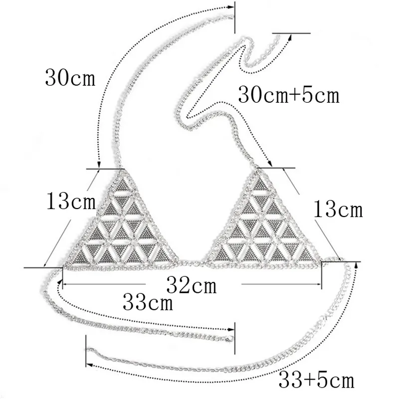女性のセクシーな金属ボディチェーンビキニブラネットの三角形奴隷ハーネスVネックレスウエストベリーチェーンジュエリー5ピース