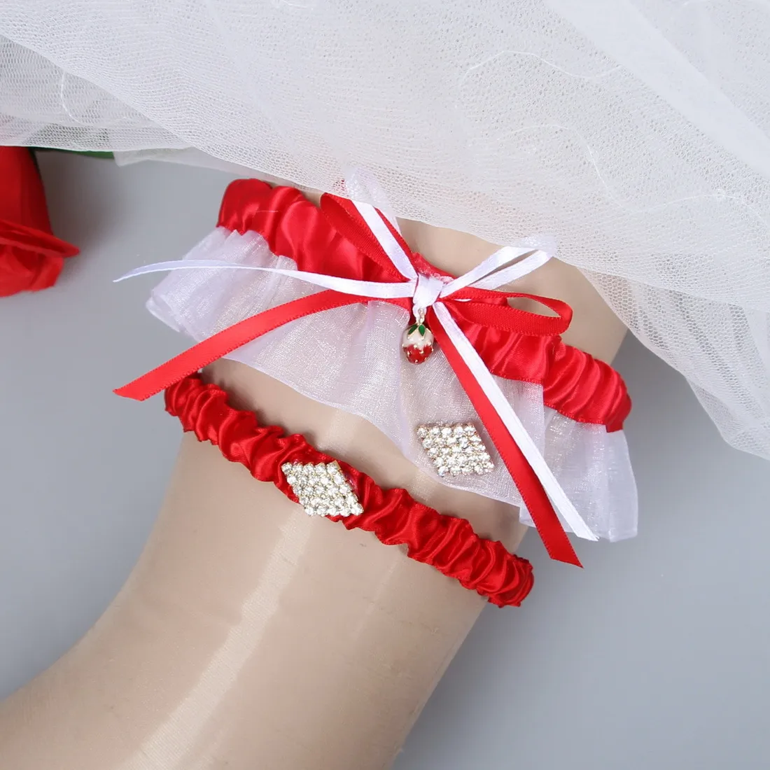 2 Peças Branco Vermelho Nupcial Do Casamento Ligas Para Noiva Set Wedding Nupcial Leg Garters Barato Em Estoque