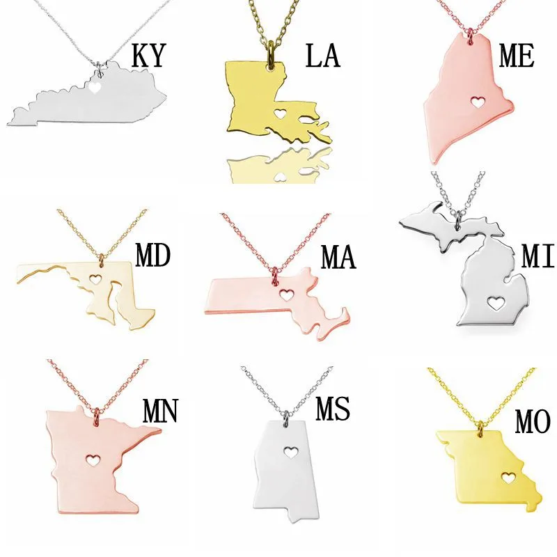 Michigan Map Collier pendentif en acier inoxydable avec coeur d'amour USA State MI Géographie Carte Colliers Bijoux pour femmes et hommes