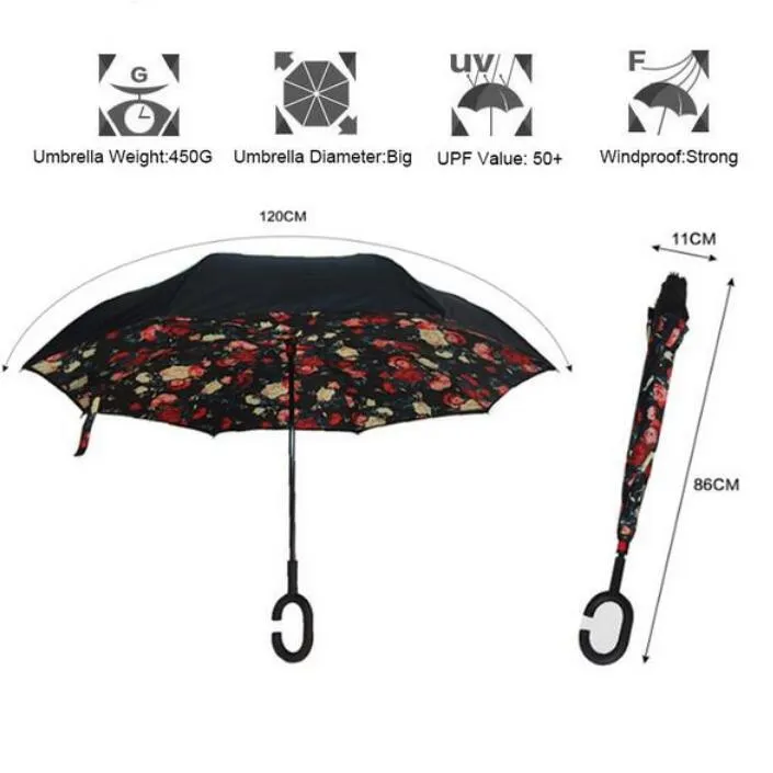 Winddichter, umgekehrt faltbarer, doppellagiger, umgekehrter Chuva-Regenschirm, selbststehend, von innen nach außen, Regenschutz, C-Haken-Hände für Auto, Regen im Freien