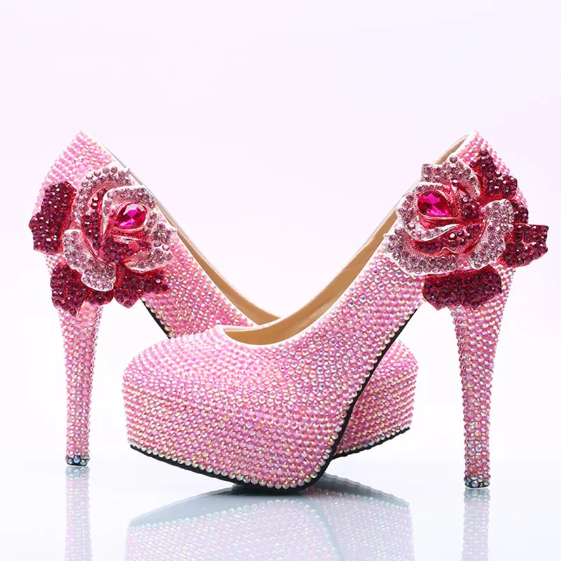 Plus Size 45 Delle Donne Dress Shoes Pink AB Colore Flower Strass da sposa Party Shoes Handmade Compleanno Prom Pront Tacchi da sposa Pompe da sposa
