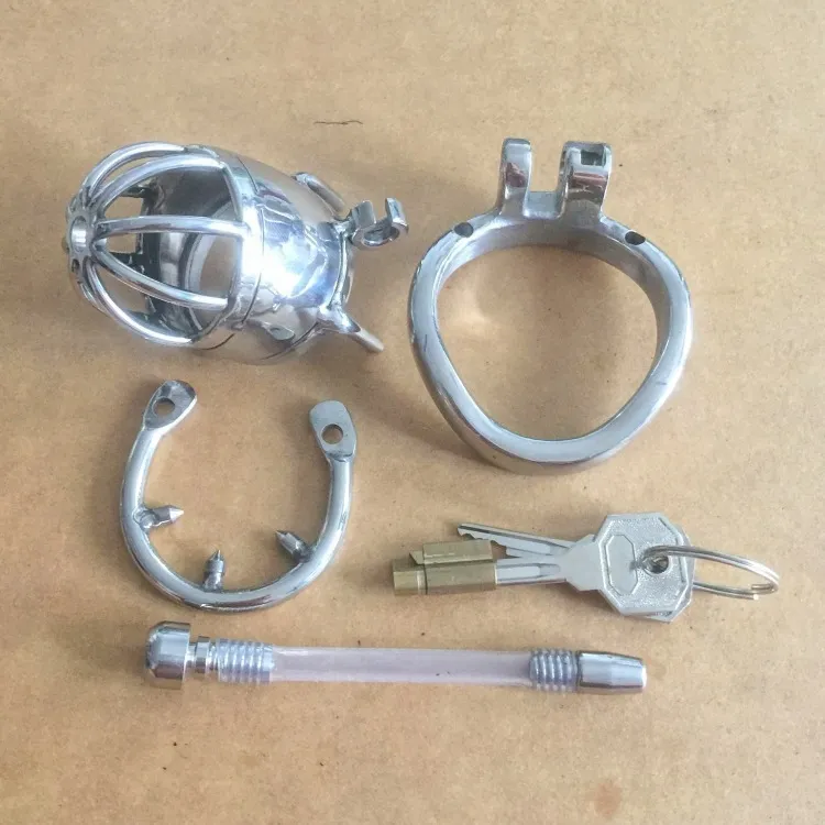 Nuovo design Dispositivo di castità maschile piccolo in acciaio inossidabile da 70 mm a lunghezza intera con catetere e versione anti-off Gabbia cazzi corti da 2,75 