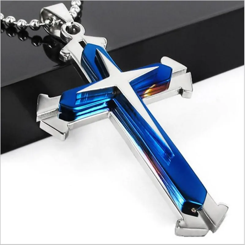 Crucifijo Cruz Collar Colgante Pulsera Azul / Negro Pistola Plateada / Acero Inoxidable Moda Joyería Religiosa Para Mujeres / Hombres Collar de la Fe