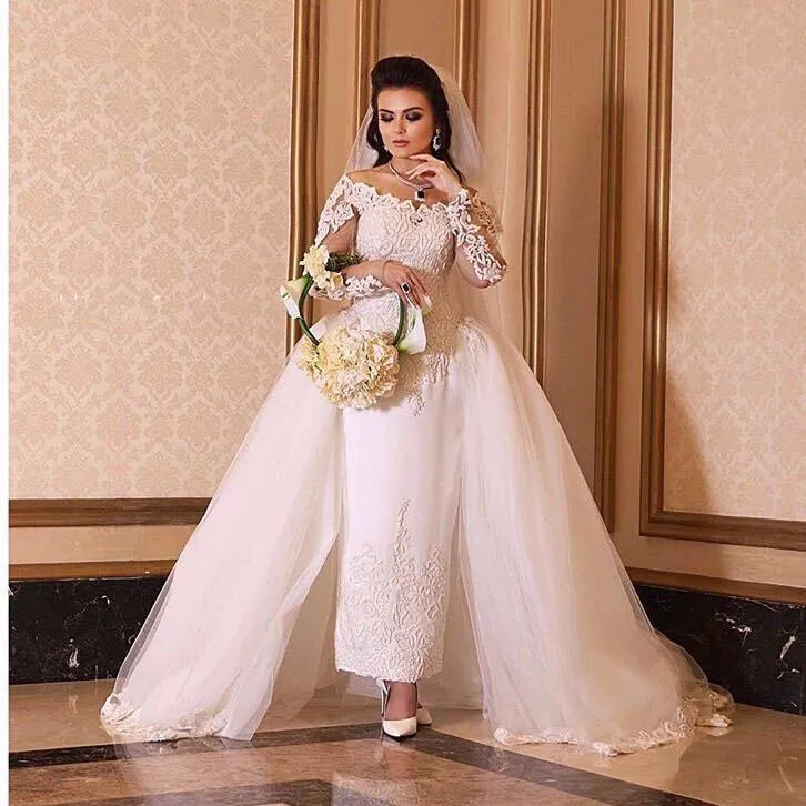 Off-Shoulder Arabic Bridal Gown with Detachable Train and Lace Applique - Ankle Length wedding dress overskirt