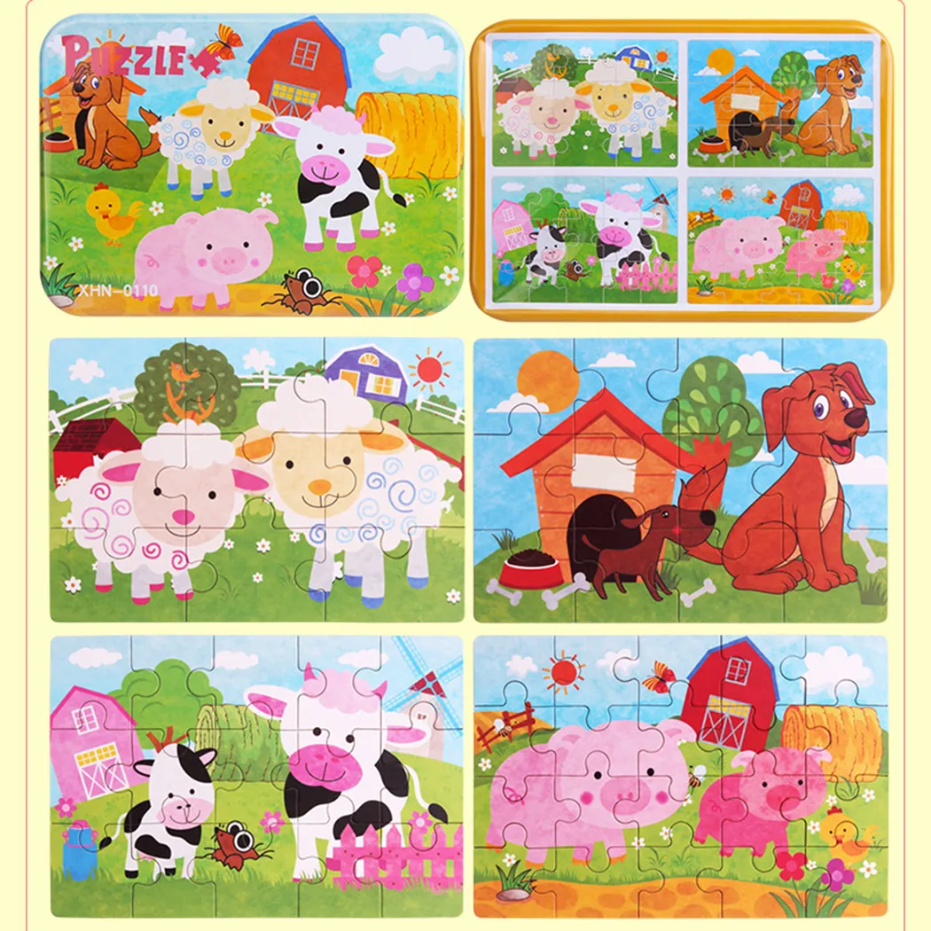 Puzzle en bois dessin animé jouet 3D bois Puzzle fer boîte paquet Puzzle pour enfant éducatif Montessori bois