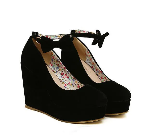 검은 bowtie plarform wedges womens 빨간 발목 스트랩 하이힐 결혼식 신발 2 색 35-39 사이즈