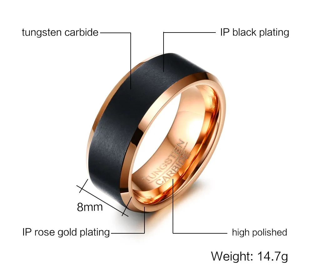 Men's 8mm Black Rose Gold Color Tungsten Wedding Band Rings Anniversary Ring Comfort Fit Free Engraving