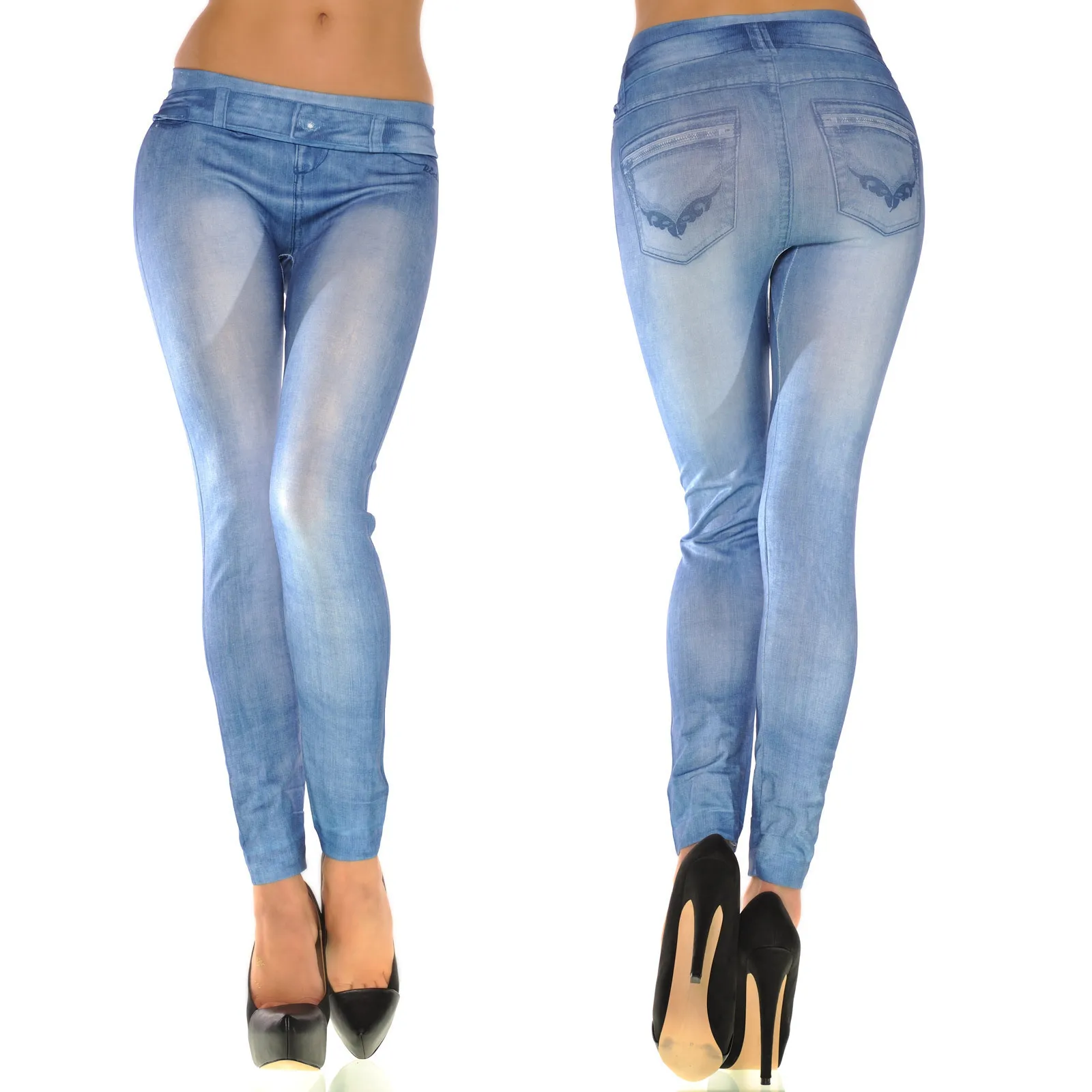 Faux jean imprimé taille unique pour femme, legging moulant sans couture, pantalon court serré, HY9063BE