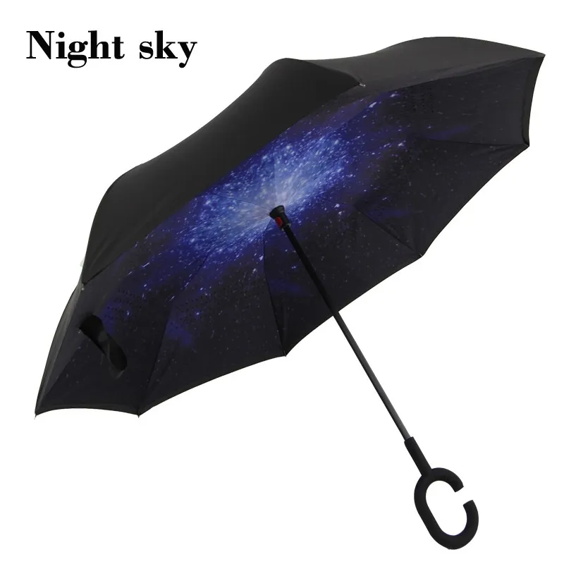 Self Standing Inside Out Inverted Umbrellas Double Layer Reverse Rainy Sunny Umbrella with C Handle wa3233