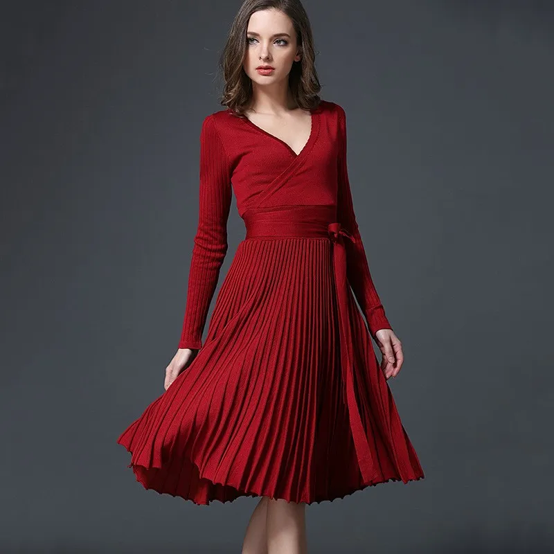 Frühling Herbst europäischen Stil sexy Strickkleid V-Ausschnitt Faltenrock mit Schärpen 7 Farben 2021