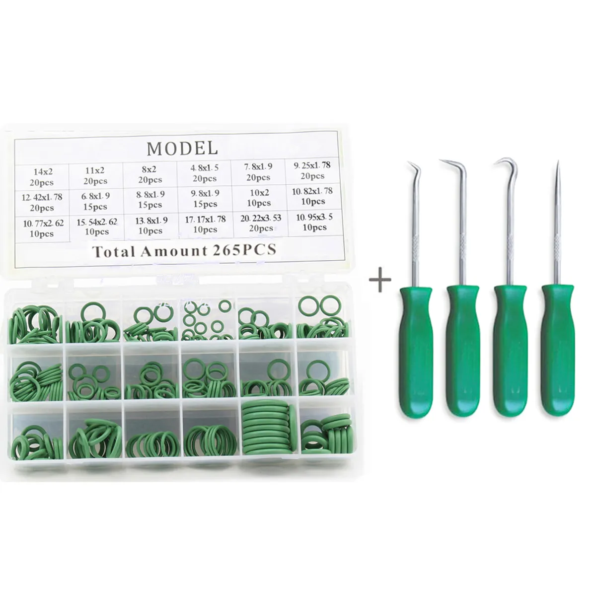 Extractor de ganchos de selección de junta tórica de 4 piezas con juego de herramientas de junta tórica verde de 265 piezas