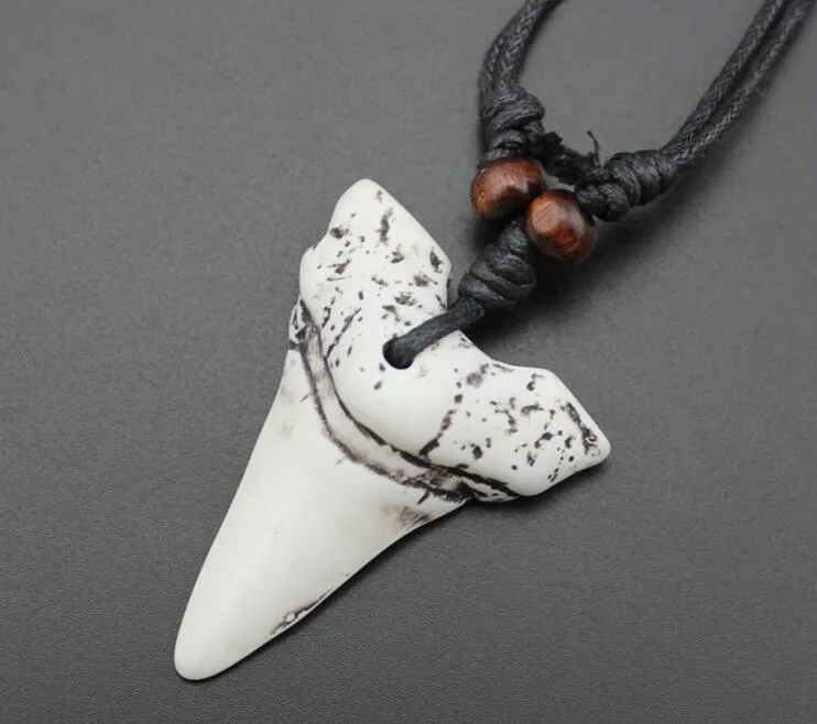 Imitation Yak Bone Carving Shark Tooth Charm Pendant Wood Beads Necklace Amulet Gift Travel souvenir