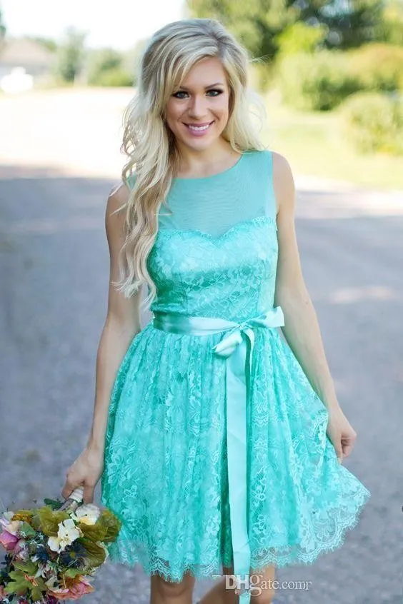 2017 New Country Turquoise Mint Short Bridesmaid Dresses Wedding Guest Wear Jewel Neck Full Lace Sashes Party Plus Size Maid of Honor Gowns