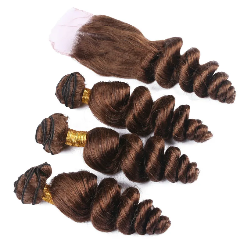 Högsta kvalitet malaysisk jungfru medium brunt mänskligt hår lös våg 3 ​​buntar med 4x4 choklad brun spets front stängning ren # 4 färg