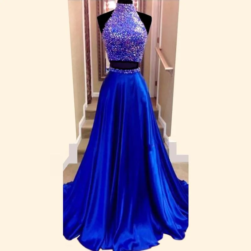 Sexy High Neck Two Pieces Long Prom Dresses 2023 Royal Blue Evening Jurk Side Slit kleurrijke kralen kristallen luxe feestjurken afstuderen