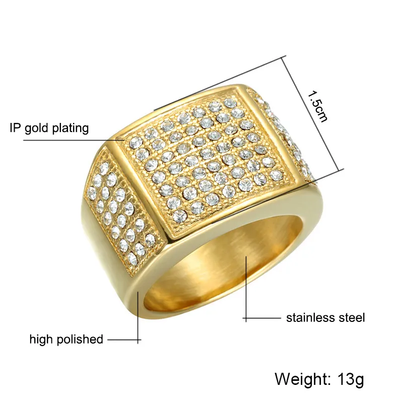 Hip Hop Completo Micro Pave Strass Congelado Para Fora Bling Bling Anel Quadrado IP Cor De Ouro De Titânio Anéis De Aço Inoxidável para Homens