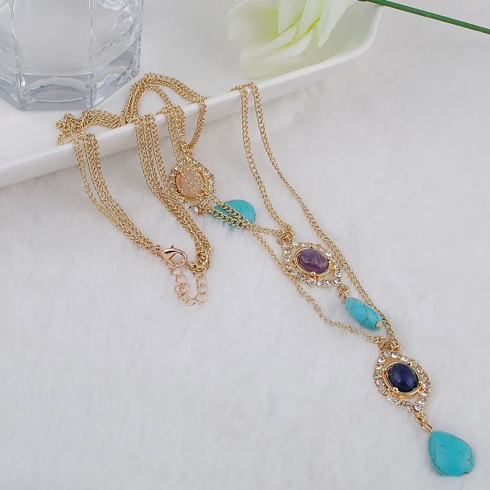 Women's Accessoires Sieraden Mode Gold Temperament Multilayer Metalen Hangers Drie Lagen Turquoise Collier Ketting