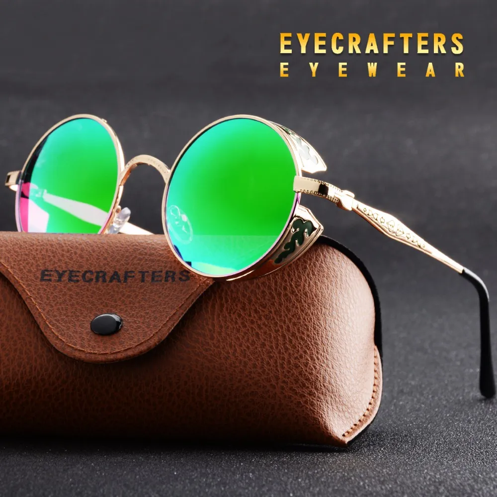 Wholesale- Eyecrafters Polarized Gothic Steampunk Sunglasses Coating Mirrored Round Circle Sun glasses Vintage Gafas Masculino Green