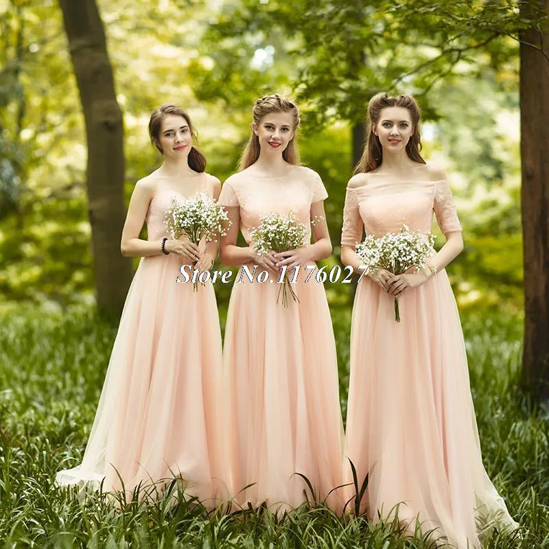 Romantische land bos gemengde stijlen bruidsmeisje jurken een lijn blozen roze chiffon vloer lengte meid van eer jurken avond prom dresses