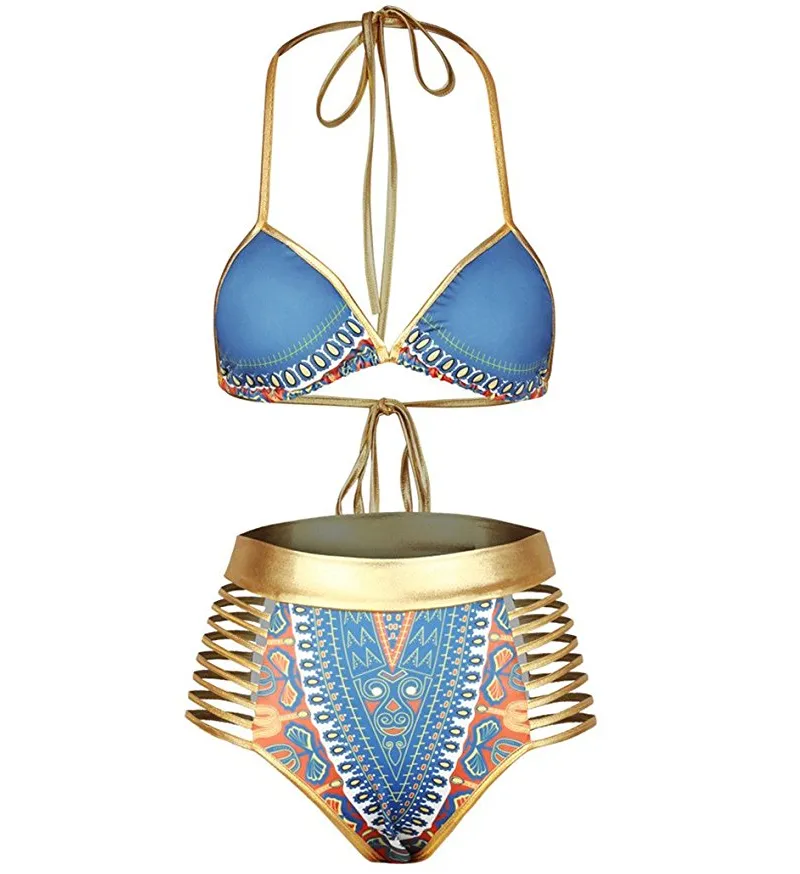 Sexy sud-africain doré licou bikini taille haute maillot de bain deux pièces maillot de bain femme baigneur