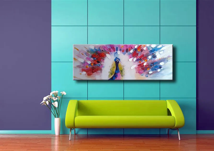 Colorful Peacock Spread Tail Picture Canvas Painting for Wall Decoration Handmade Animal Paints