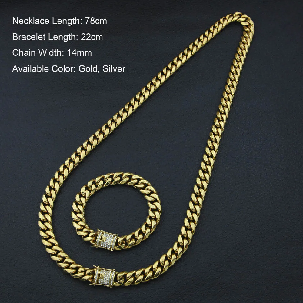 Rostfritt stål 24K Solid Gold Electroplate Casting Clasp W Diamond Cuban Link Halsband Armband för män Curb Chains smycken Set320a