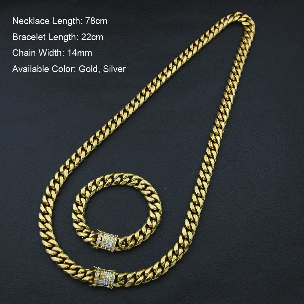 Rvs 24K Solid Gold Galvaniseren Casting Sluiting W Diamond Cubaanse Link Ketting Armband Voor Mannen Curb Chains sieraden Set264U