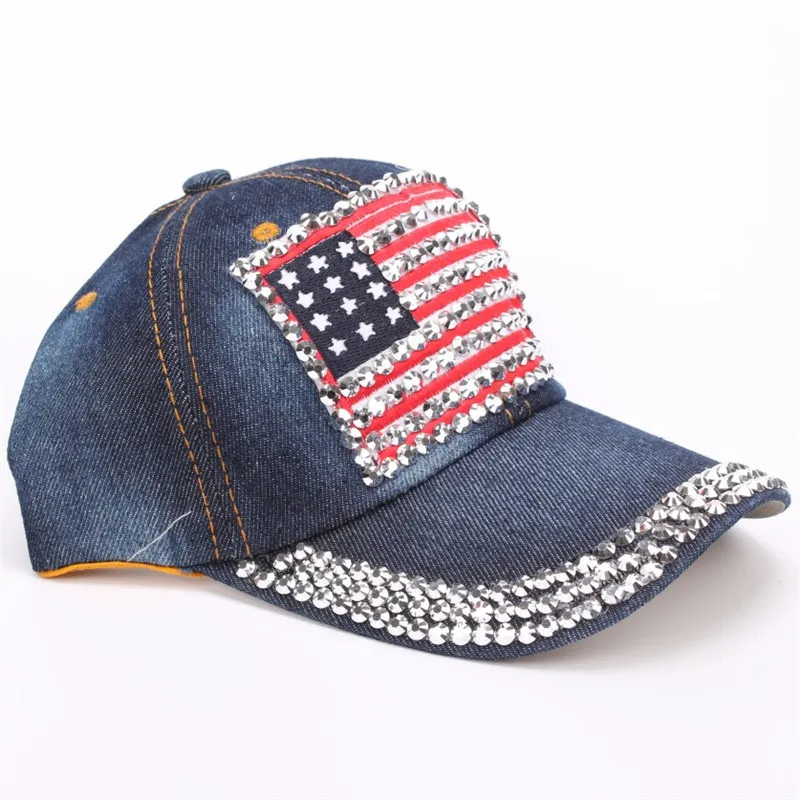 Sıcak Satış ABD Amerika Birleşik Devletleri Amerikan Bayrağı Beyzbol Kapaklar Ayarlanabilir Kot Denim Rhinestone Erkekler Kadınlar Snapback Şapka Kap M002