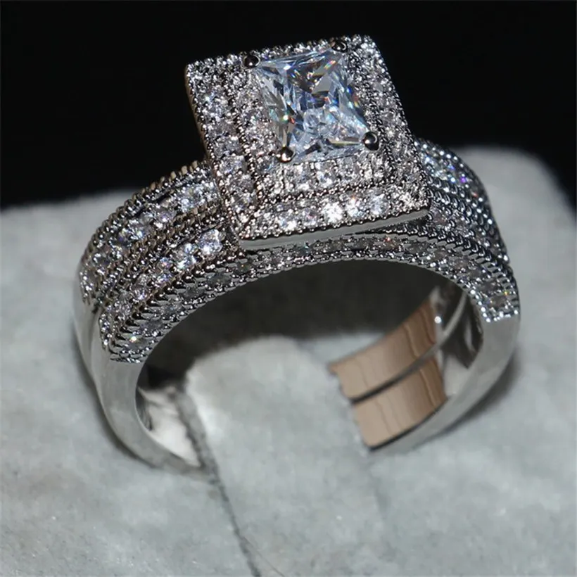 Ретро silod 14KT белого золота заполнены обручальное обручальное кольцо невесты ювелирные изделия 2-в-1 роскошные 145pcs cz 2ct квадратный бриллиантовое кольцо размер 5-10