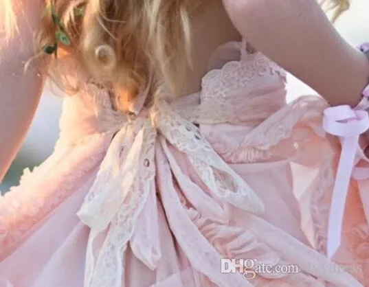 Pembe Bir Çizgi Çiçek Kız Elbise Dantel Aplike Ruffles Çocuklar Resmi Giyim Kolsuz Long Beach Kızlar Yarışması Gowns