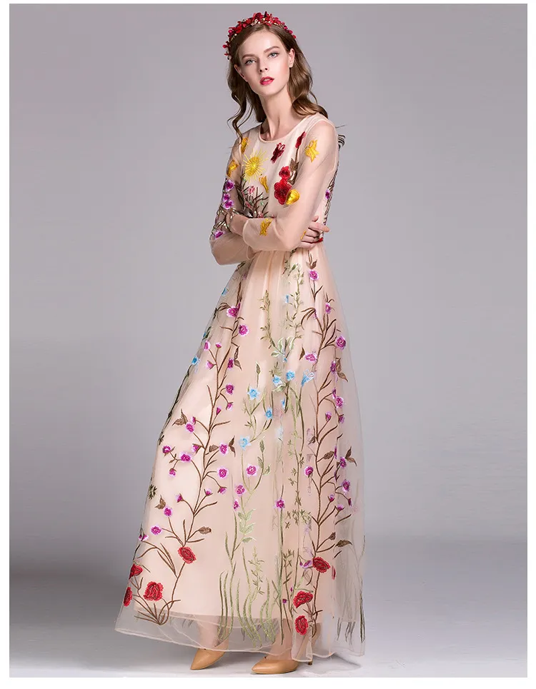 2019 Women's O Neck 3/4 Sleeves Floral Embroidery Layered Elegant Party Prom Long Runway Dresses
